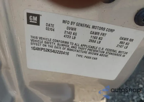 2004 Buick Lesabre Custom z USA, uszkodzony, nr VIN 1G4HP52K54U220416